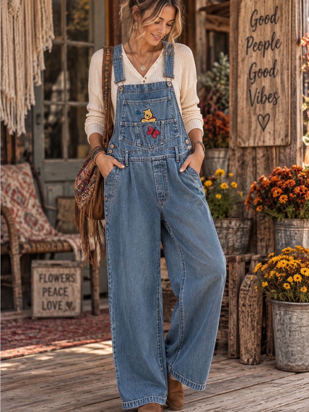 Disney Pooh Bear Blue Denim Wide-Leg Women’s Overalls with Embroidered Character